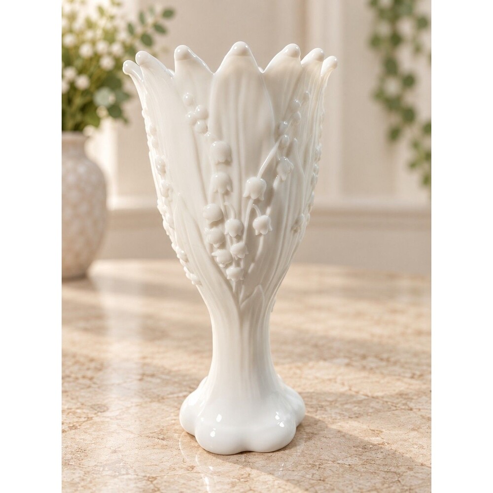 Vintage White Milk Glass Lily of the Valley Bud Vase Scalloped Rim 7” Floral...